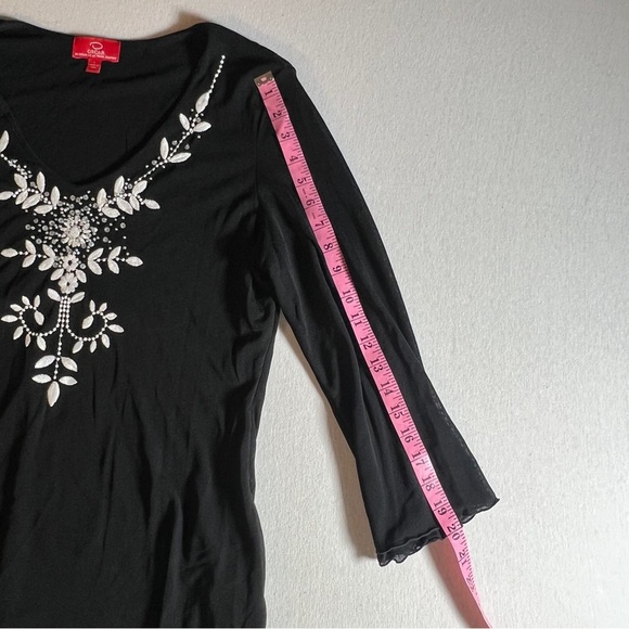 Oscar by Oscar De La Renta Long Sleeve Beaded Embroidered Black Mesh Top, Large - Picture 5 of 8